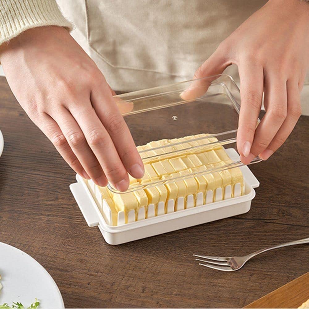 Butter Storage Box with Slicer - Airtight Plastic Butter Keeper Dish with Transparent Lid for Fridge, Easy Slice