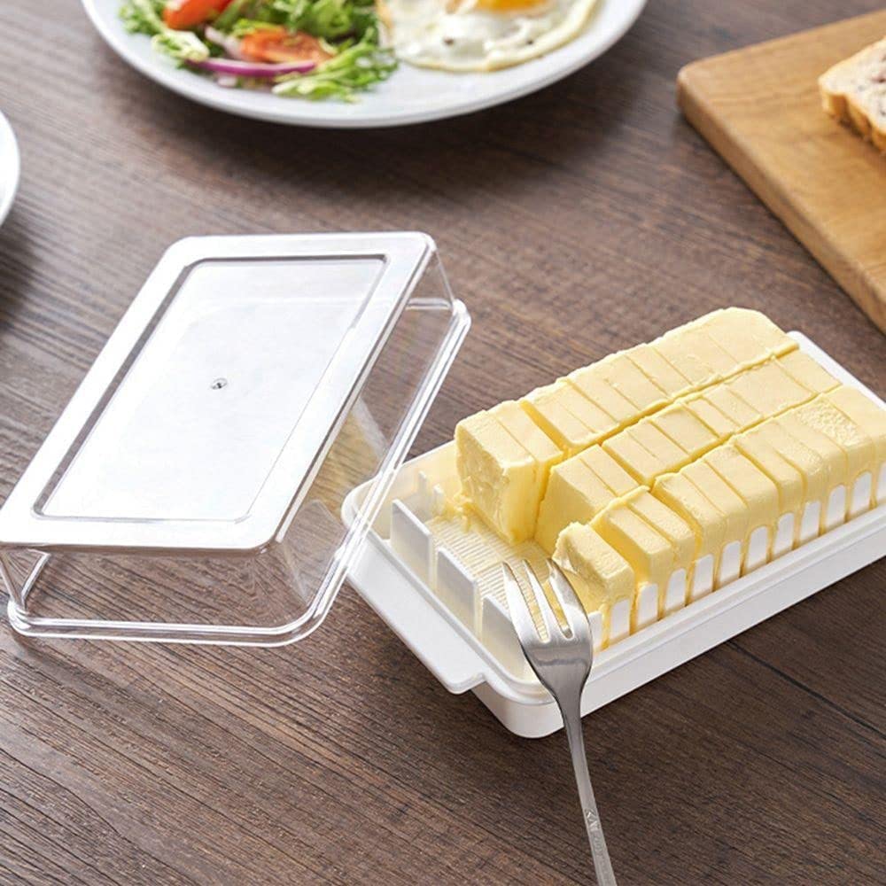 Butter Storage Box with Slicer - Airtight Plastic Butter Keeper Dish with Transparent Lid for Fridge, Easy Slice