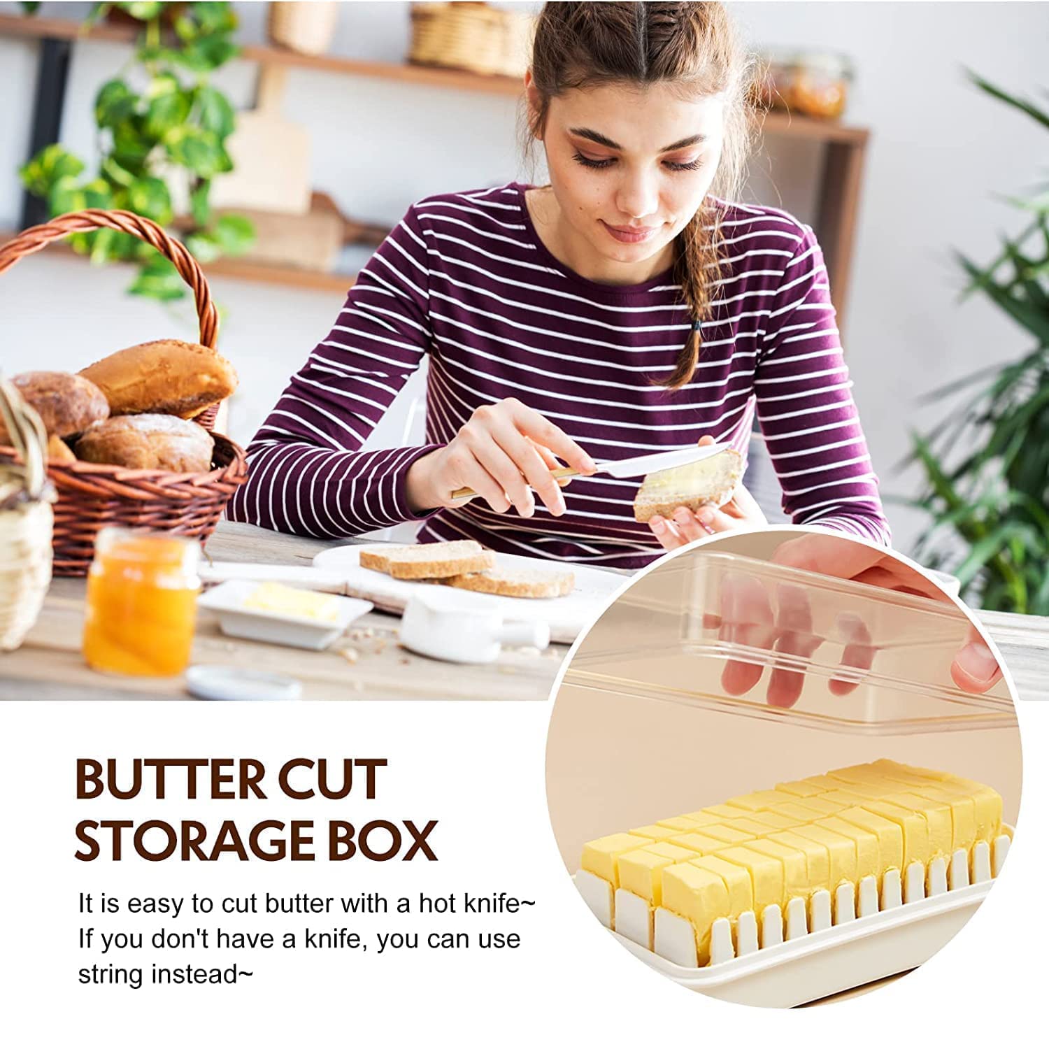 Butter Storage Box with Slicer - Airtight Plastic Butter Keeper Dish with Transparent Lid for Fridge, Easy Slice