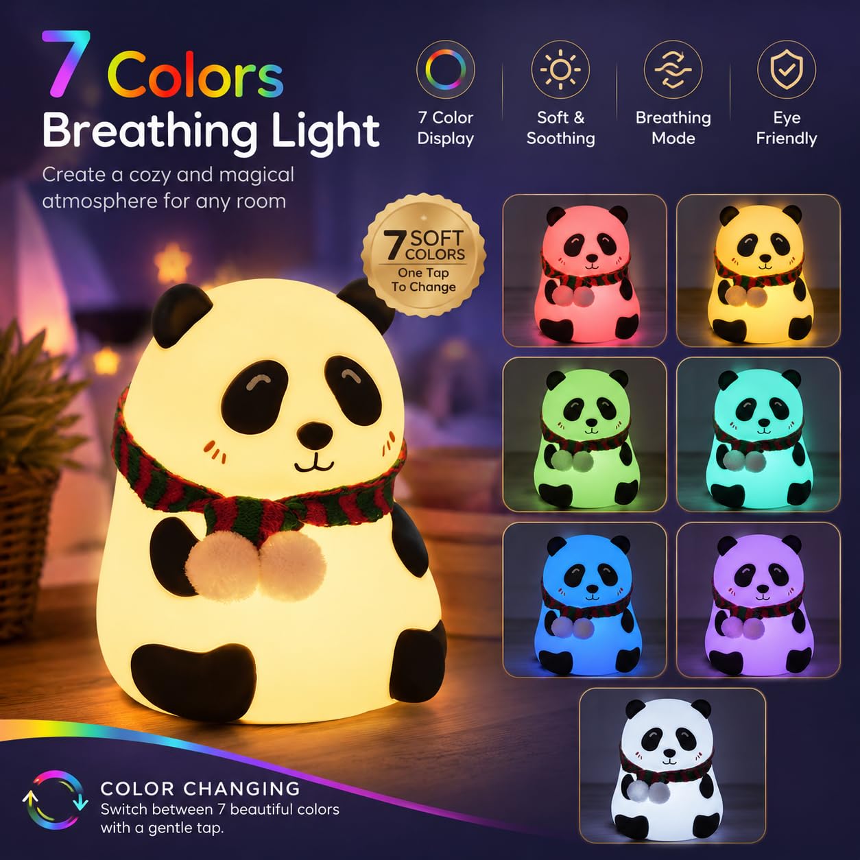 Rechargeable Silicone Panda Night Light for Kids | 7-Color LED Changing Lamp |Adorable Room Decor & Gift
