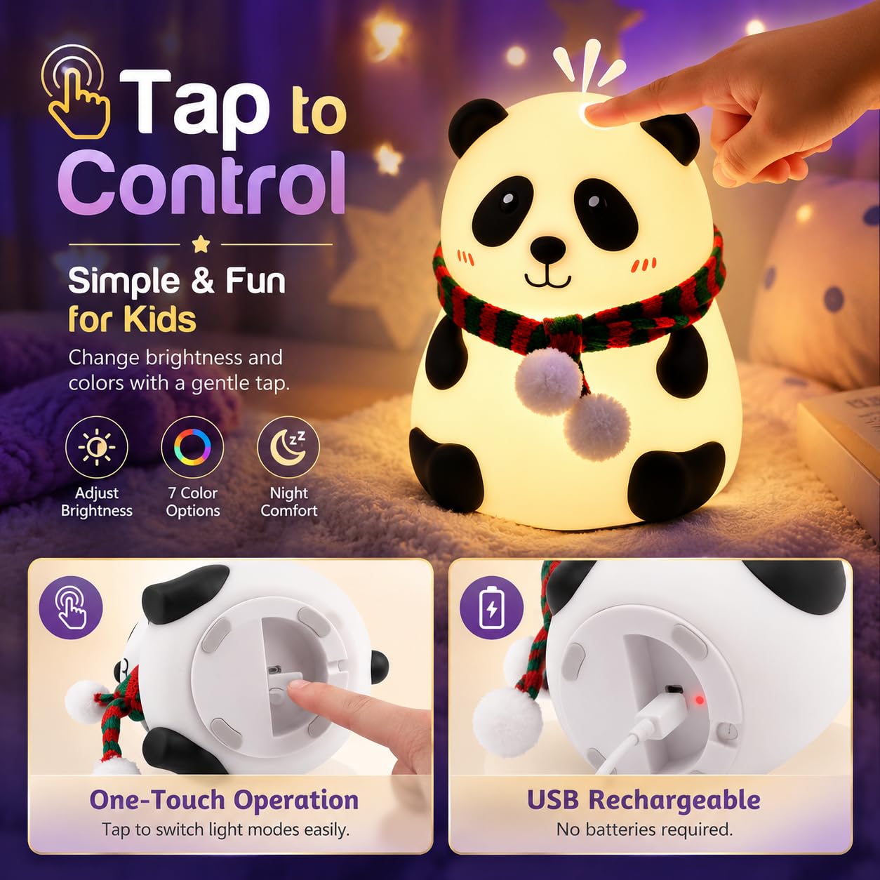 Rechargeable Silicone Panda Night Light for Kids | 7-Color LED Changing Lamp |Adorable Room Decor & Gift