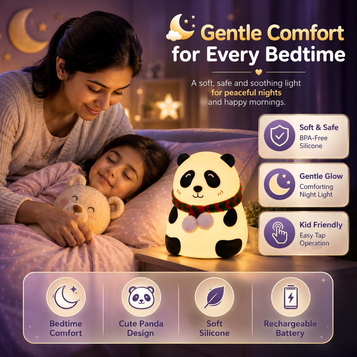 Rechargeable Silicone Panda Night Light for Kids | 7-Color LED Changing Lamp |Adorable Room Decor & Gift