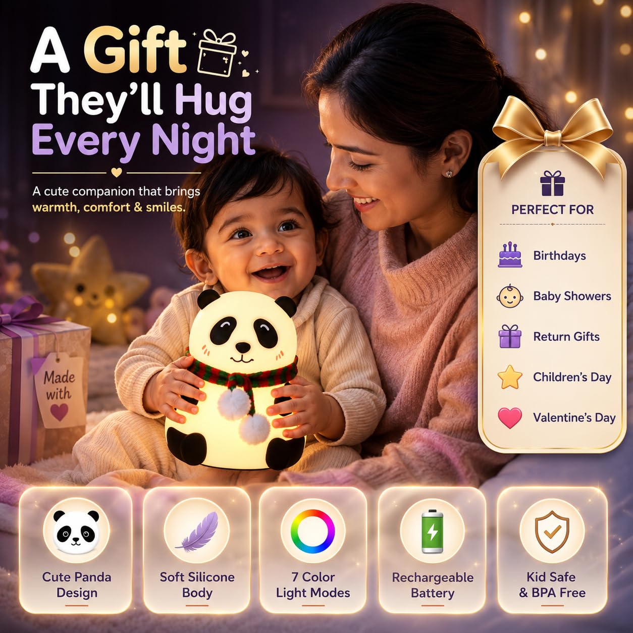 Rechargeable Silicone Panda Night Light for Kids | 7-Color LED Changing Lamp |Adorable Room Decor & Gift