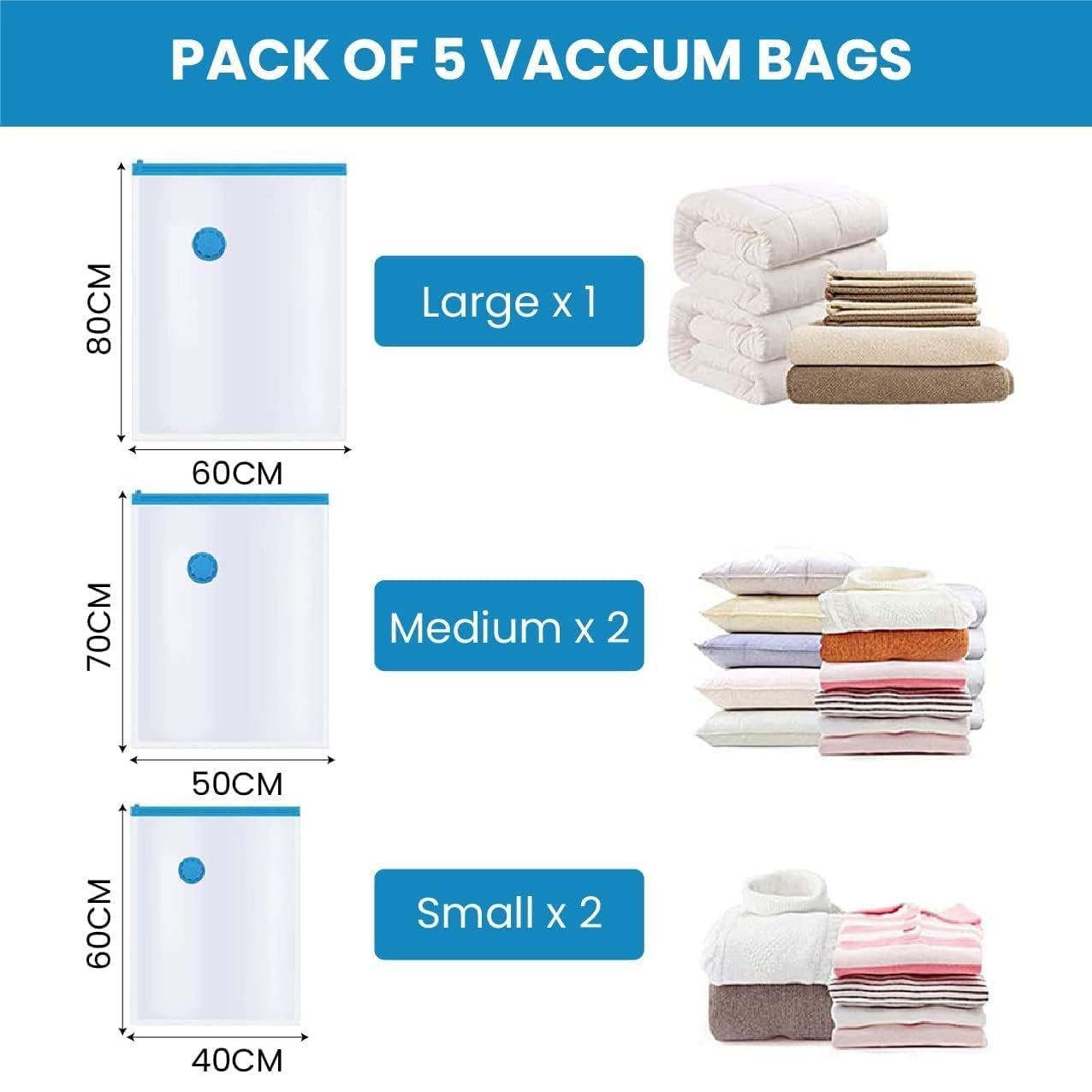 Vacuum Storage Bags for Clothes with Hand Pump – 5-Pack Space Saver Bags