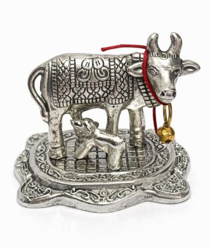 Cow and Calf Idol – Silver-Plated Sacred Cow Statue with Red Thread and Golden Bell for Puja, Mandir Decor, Gifting