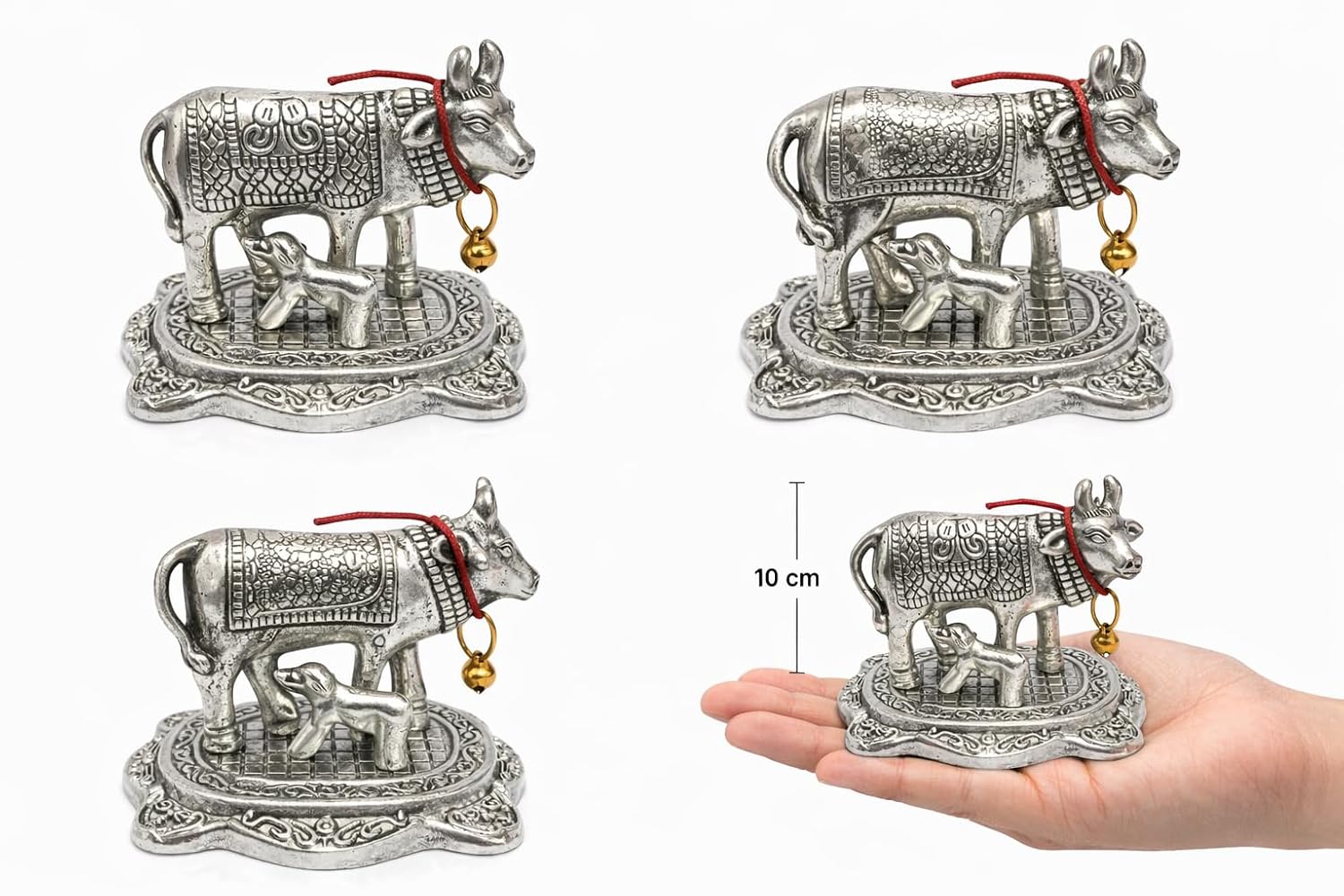 Cow and Calf Idol – Silver-Plated Sacred Cow Statue with Red Thread and Golden Bell for Puja, Mandir Decor, Gifting