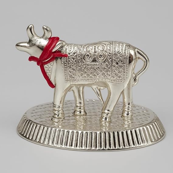 Cow and Calf Idol – Silver-Plated Sacred Cow Statue with Red Thread and Golden Bell for Puja, Mandir Decor, Gifting