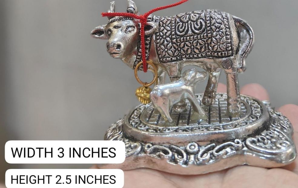 Buy Cow and Calf Idol – Silver-Plated Sacred Cow Statue with Red Thread and Golden Bell for Puja, Mandir Decor, Gifting Online at Dmark