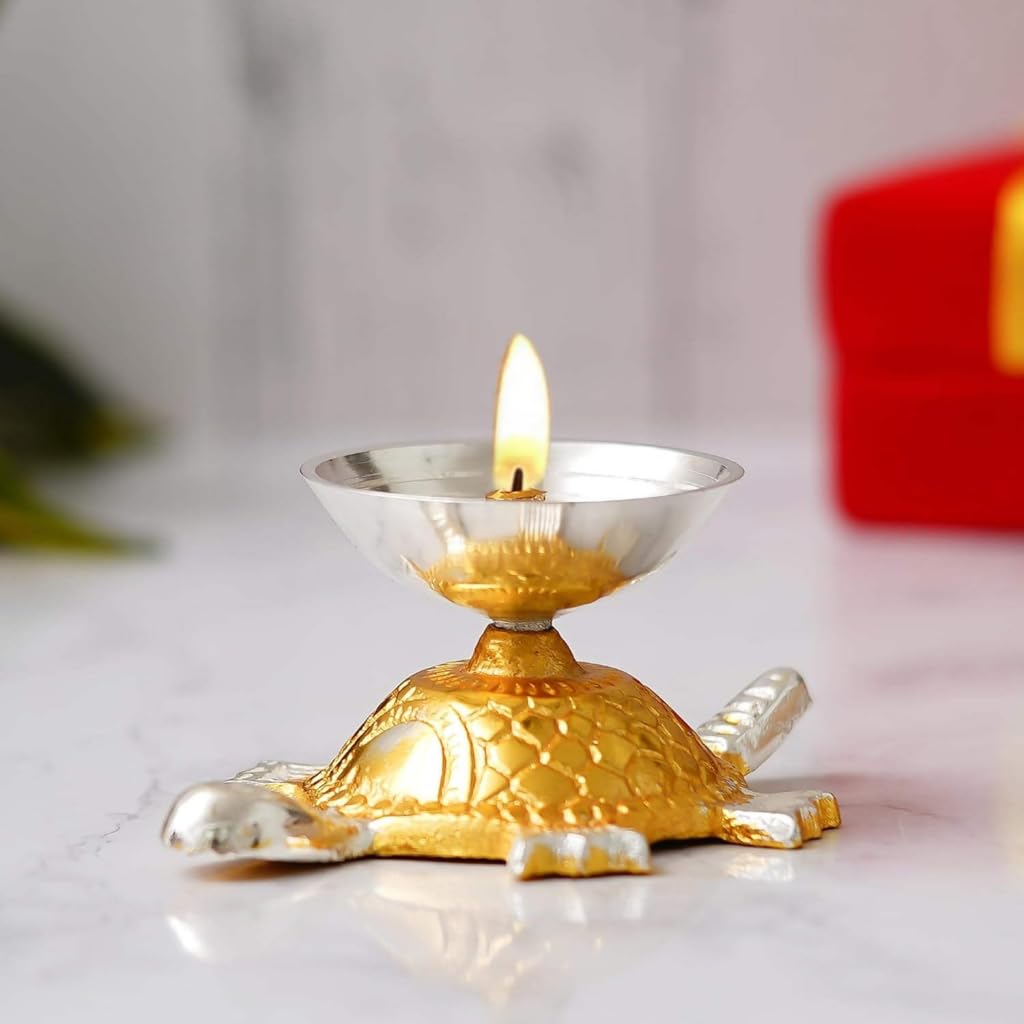 Handicraft Decorative Gold-Silver Tortoise Diya with Red Velvet Gift Box | Brass Akhand Deepam for Pooja, Temple, Diwali, Vastu Good Luck | Wedding