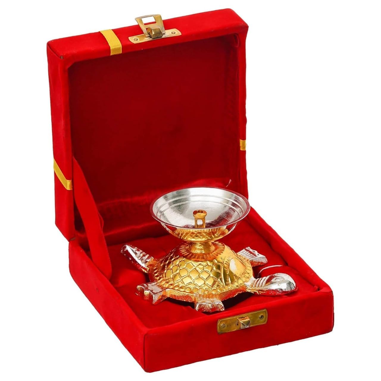 Handicraft Decorative Gold-Silver Tortoise Diya with Red Velvet Gift Box | Brass Akhand Deepam for Pooja, Temple, Diwali, Vastu Good Luck | Wedding