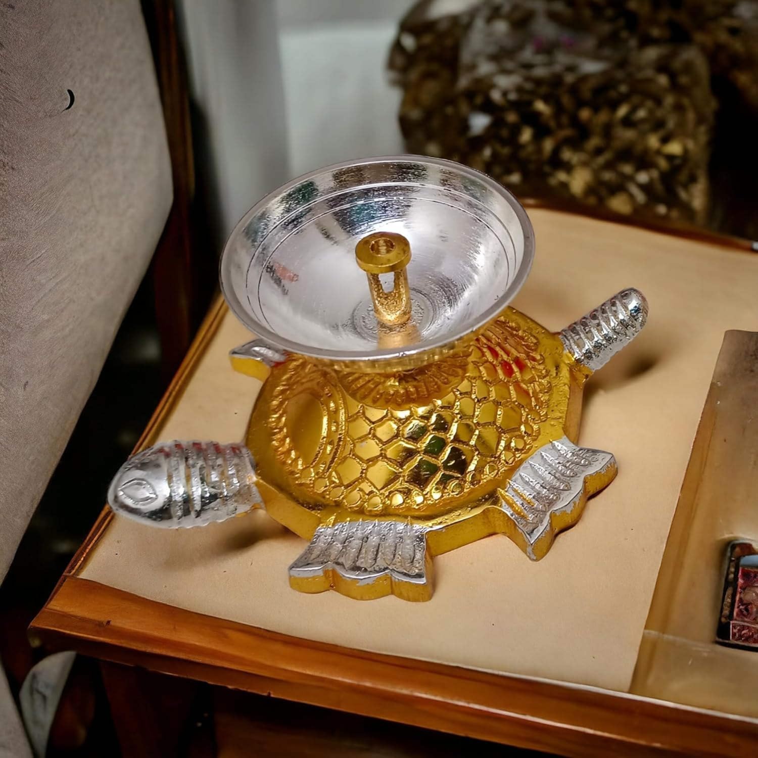 Handicraft Decorative Gold-Silver Tortoise Diya with Red Velvet Gift Box | Brass Akhand Deepam for Pooja, Temple, Diwali, Vastu Good Luck | Wedding