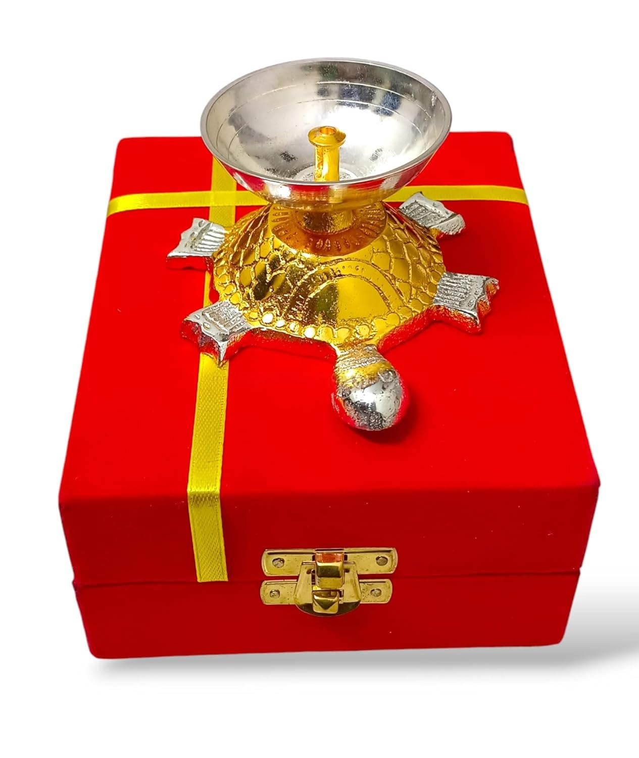 Buy Handicraft Decorative Gold-Silver Tortoise Diya with Red Velvet Gift Box | Brass Akhand Deepam for Pooja, Temple, Diwali, Vastu Good Luck | Wedding Online at Dmark