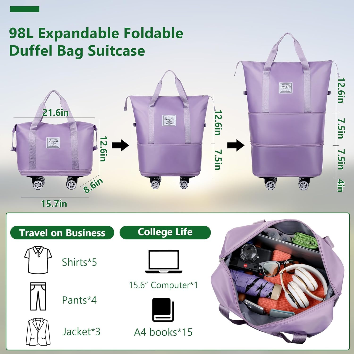 Grab Smart Expandable Suitcase, Folding Travel Bag with Wheels, Weekender Travel Bag for Carry-On, Tote Bag with Storage Space,Short Trips, Fitness, Light