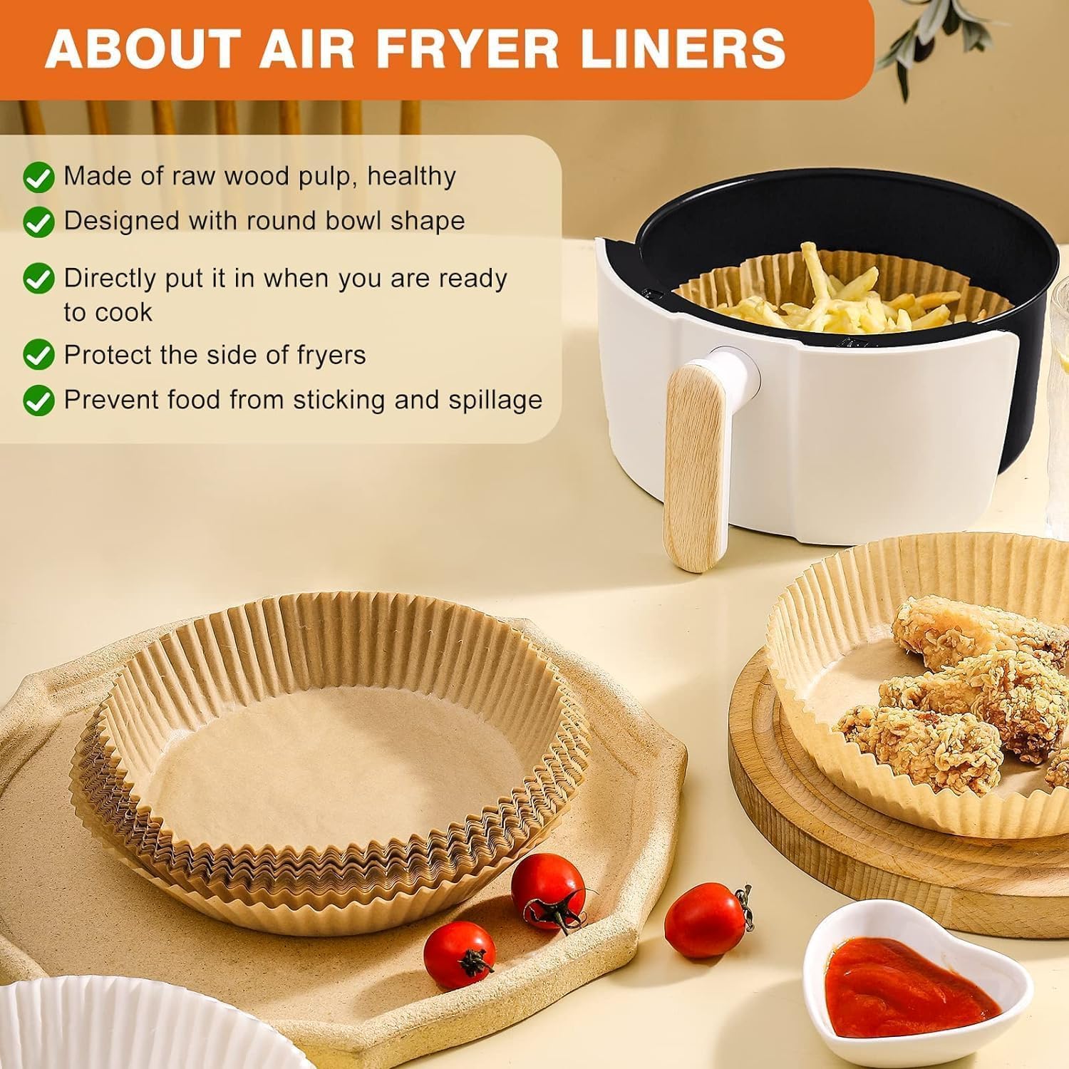 Air Fryer Disposable Baking Cups, Non-Stick, Paper Liner, Oil-Proof Water-Proof Cooking Baking Roasting Food Paper for Air Fryer Steamer Microwave Oven (50pc)