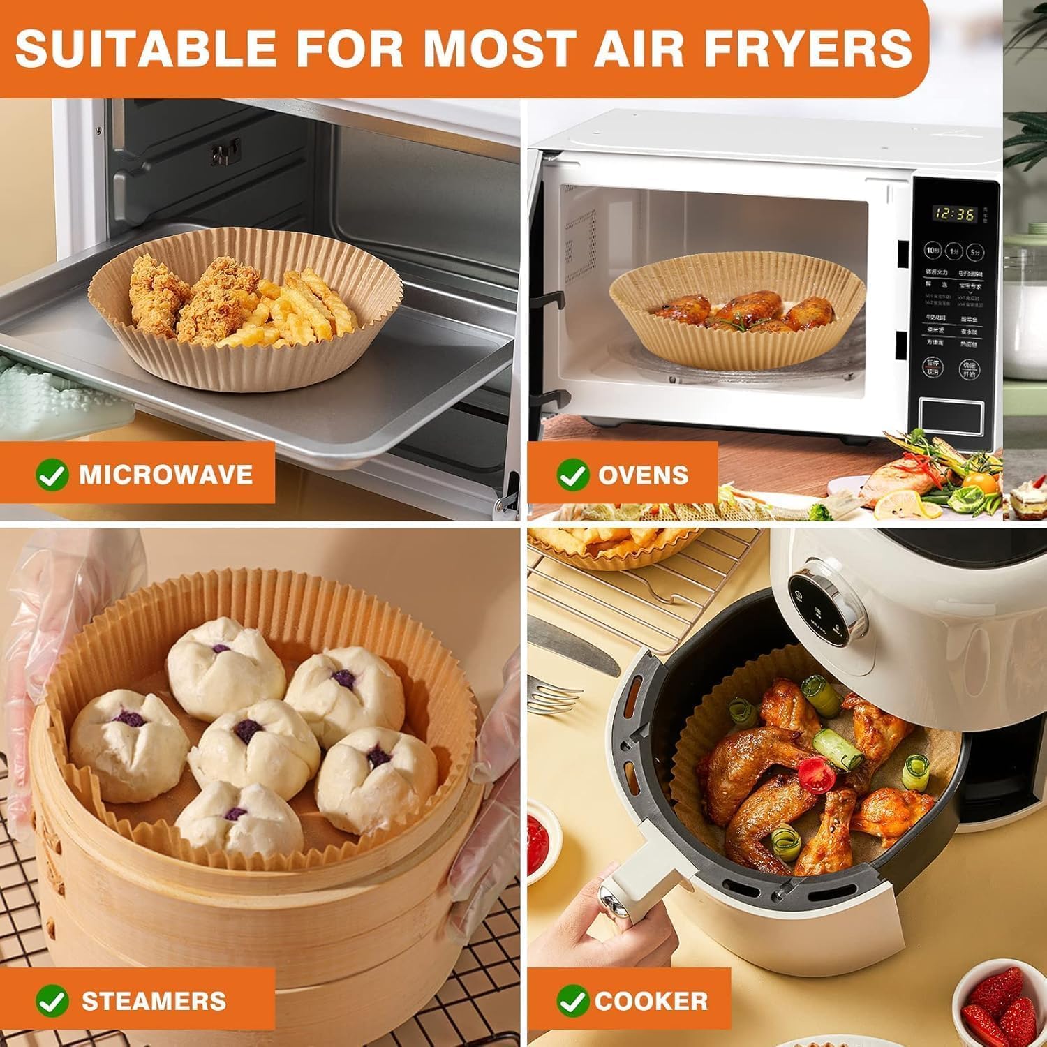 Air Fryer Disposable Baking Cups, Non-Stick, Paper Liner, Oil-Proof Water-Proof Cooking Baking Roasting Food Paper for Air Fryer Steamer Microwave Oven (50pc)