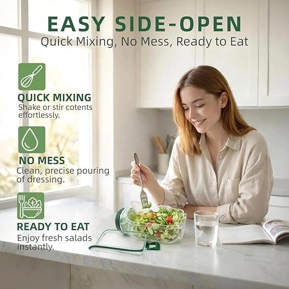 Leakproof Salad Jar with Side Opening & Dressing Container | Portable BPA-Free Salad Lunch Box | Airtight Mason Jar Style Salad Container
