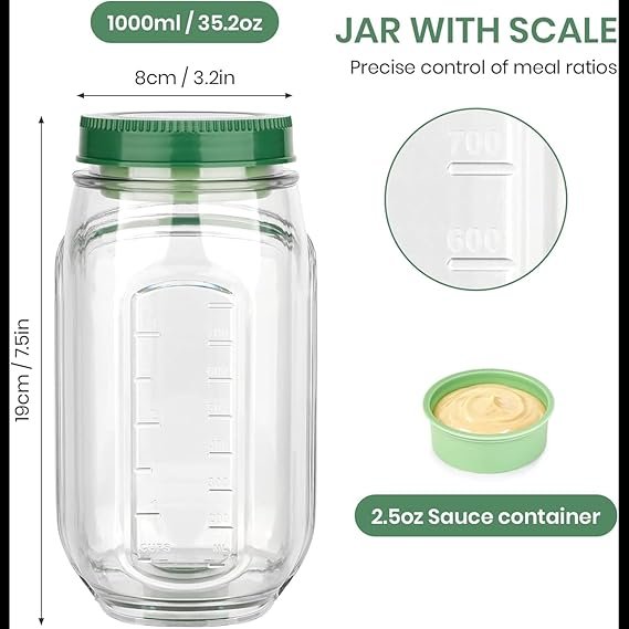 Leakproof Salad Jar with Side Opening & Dressing Container | Portable BPA-Free Salad Lunch Box | Airtight Mason Jar Style Salad Container
