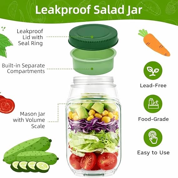 Leakproof Salad Jar with Side Opening & Dressing Container | Portable BPA-Free Salad Lunch Box | Airtight Mason Jar Style Salad Container