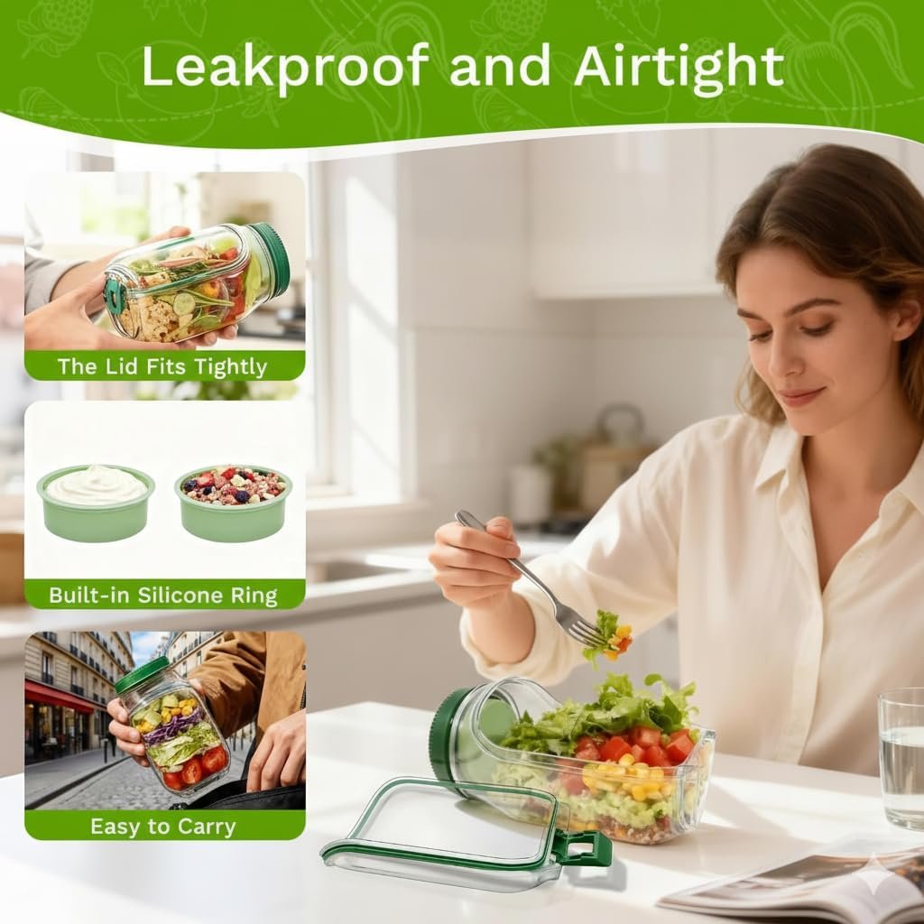 Leakproof Salad Jar with Side Opening & Dressing Container | Portable BPA-Free Salad Lunch Box | Airtight Mason Jar Style Salad Container