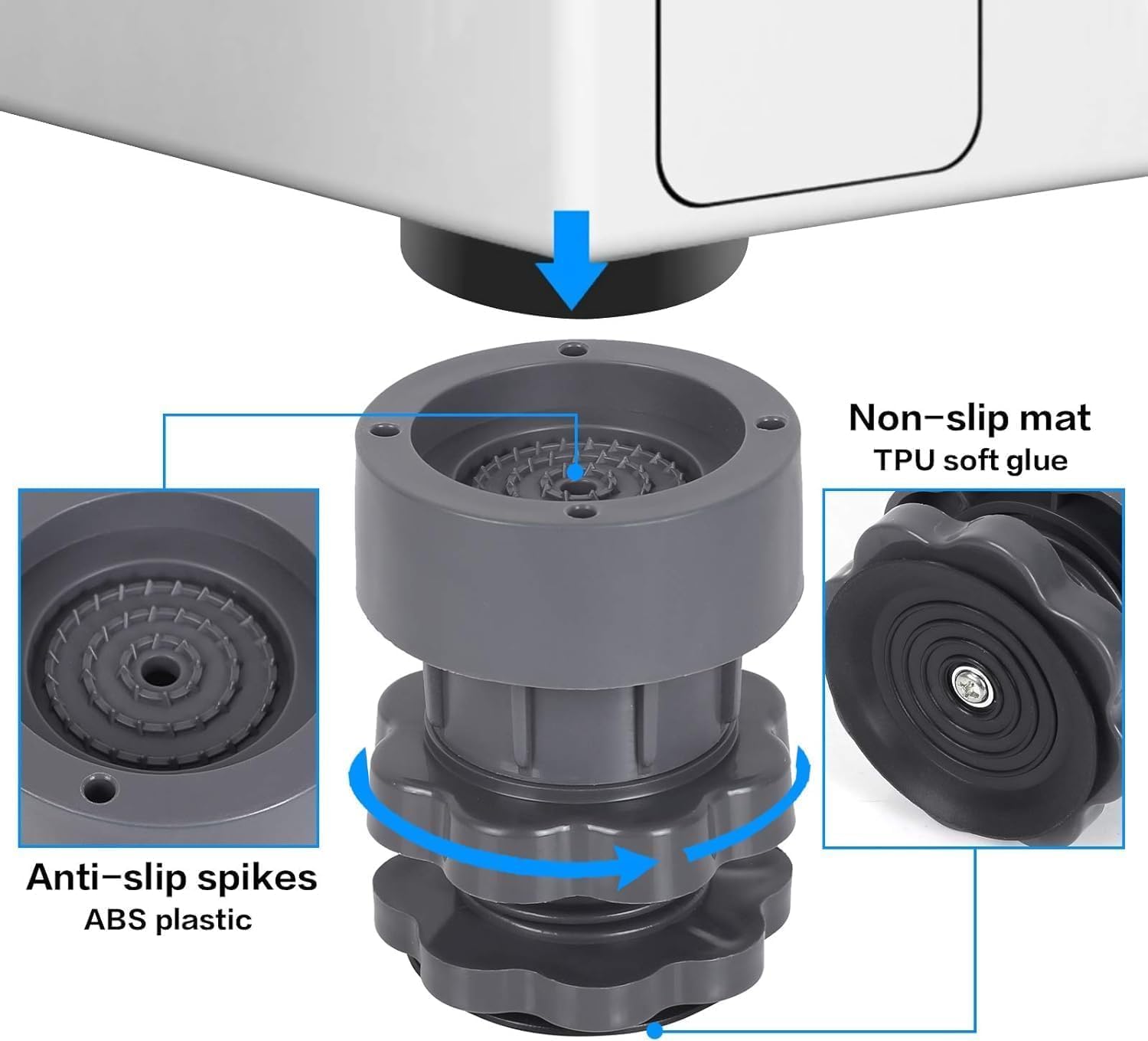 Washing Machine Anti Vibration Pads Height Adjustable Anti Slip Support Stand 4 Pieces for Washing Machine Refrigerator Furniture Base with Suction Cup(Set of 4)