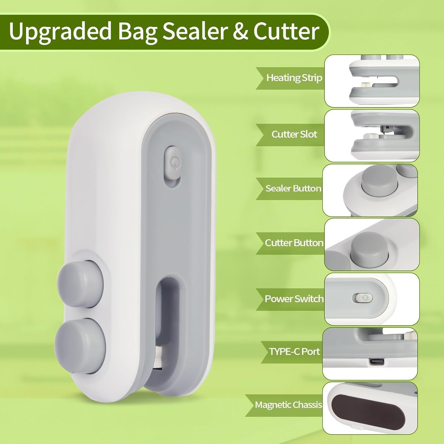 Mini Sealer USB C Rechargeable Sealer 2 In 1 Sealer Heat Seal With Cutter And Magnet Mini Resealer Machine For Plastic Snack Kitchen supplies