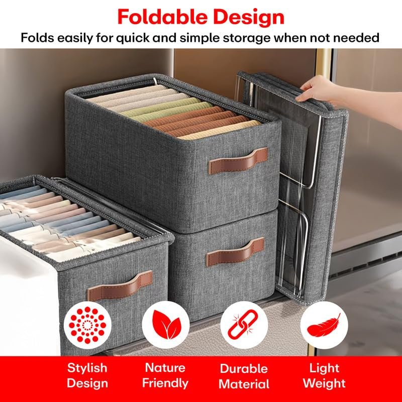 Storage Box Foldable Non Woven Cloth Organizer with Lid Breathable Fabric Washable Wardrobe Storage Bin with Reinforced Handles Clothes Organizer Grey Pack of 1