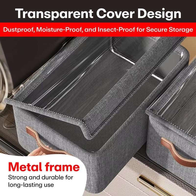 Storage Box Foldable Non Woven Cloth Organizer with Lid Breathable Fabric Washable Wardrobe Storage Bin with Reinforced Handles Clothes Organizer Grey Pack of 1