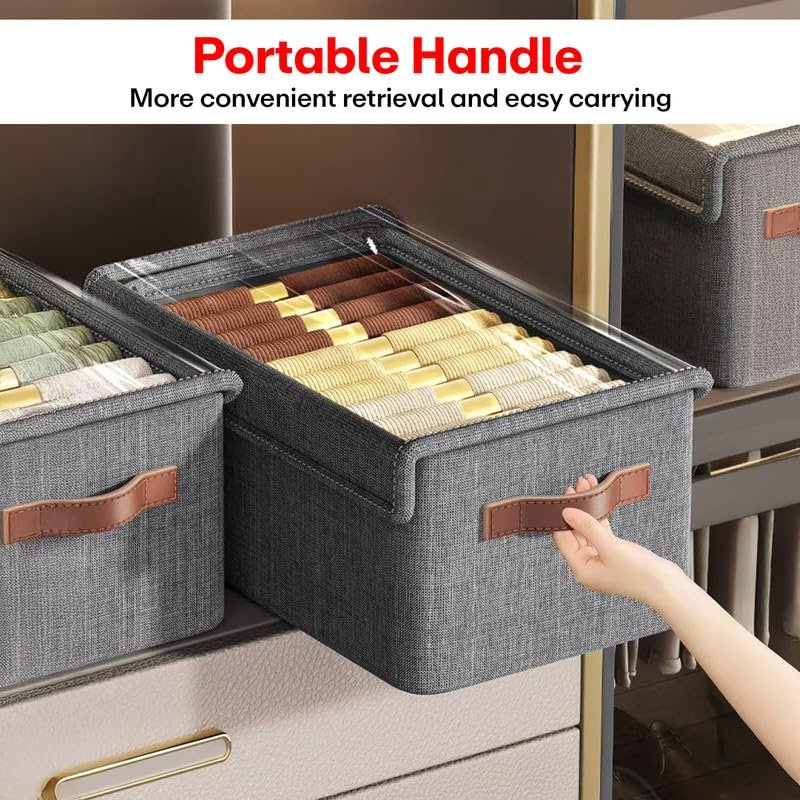 Storage Box Foldable Non Woven Cloth Organizer with Lid Breathable Fabric Washable Wardrobe Storage Bin with Reinforced Handles Clothes Organizer Grey Pack of 1