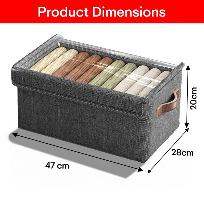 Storage Box Foldable Non Woven Cloth Organizer with Lid Breathable Fabric Washable Wardrobe Storage Bin with Reinforced Handles Clothes Organizer Grey Pack of 1