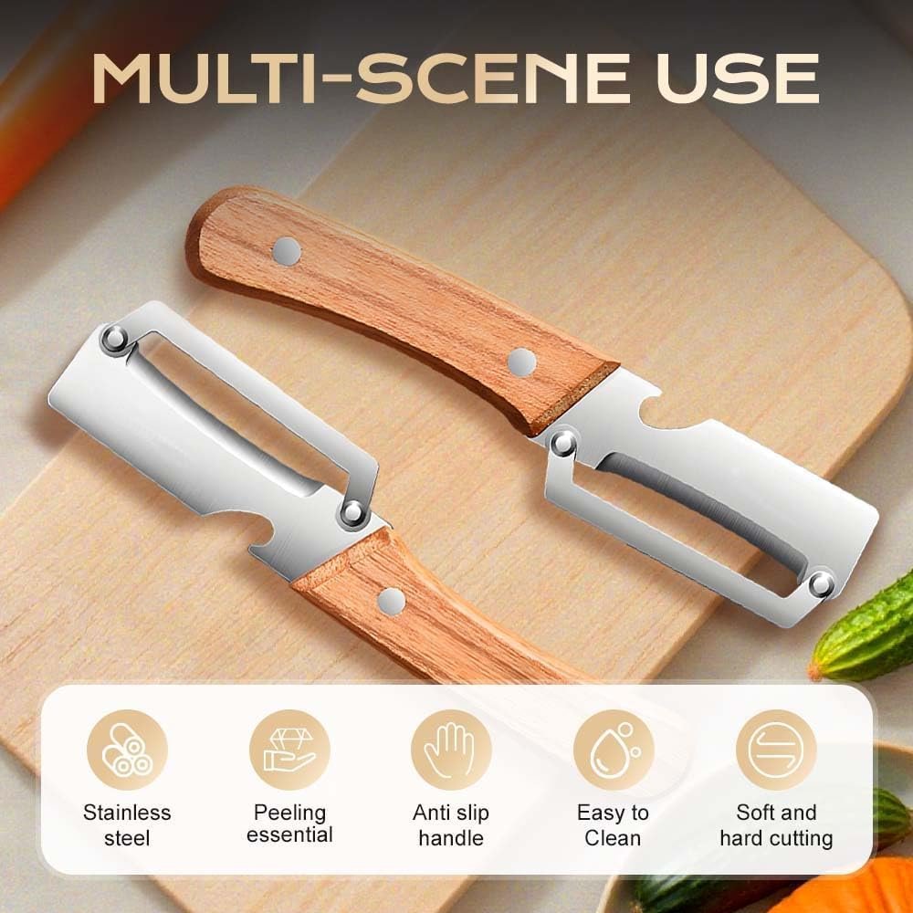 Premium Vegetable Peeler with Wooden Handle Heavy Duty Stainless Steel, 2-in-1 Dual Blade Design, Sharp Swivel, for Potato, Cucumber, Carrot & Fruit Peeling