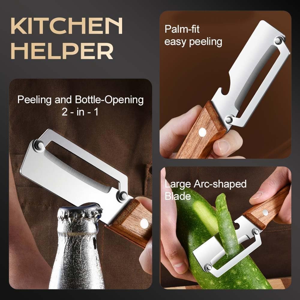 Premium Vegetable Peeler with Wooden Handle Heavy Duty Stainless Steel, 2-in-1 Dual Blade Design, Sharp Swivel, for Potato, Cucumber, Carrot & Fruit Peeling