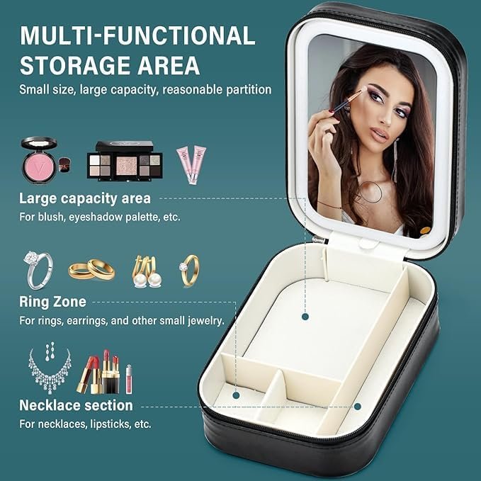 LED Makeup Mirror with Light, Portable Leather Case, Touch Control, 3 Light Modes