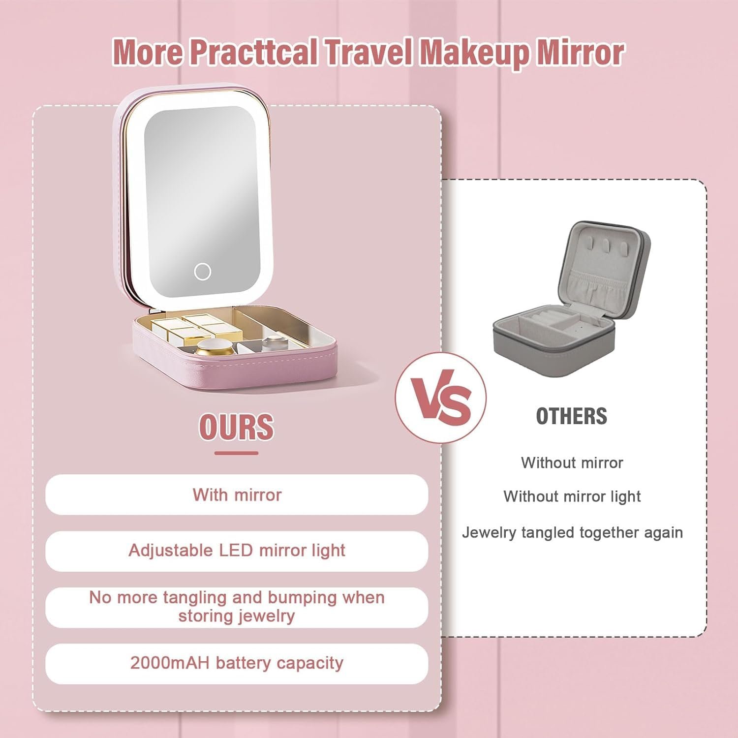 LED Makeup Mirror with Light, Portable Leather Case, Touch Control, 3 Light Modes