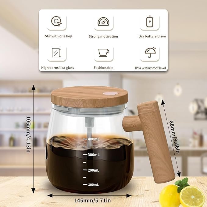 Self Stirring Coffee Mug, Glass Electric Self Mixing Cup with Lid & Handle, 400ml Auto Self Stirring Cup to Stir Coffee, Mixed Milk, Powder (400 ml)