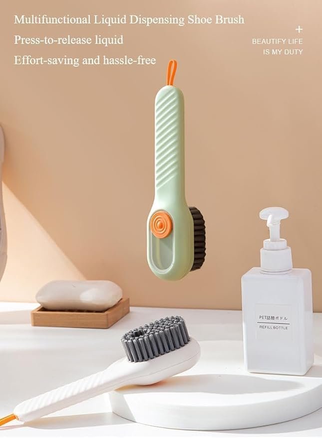 Multifunctional Brush with Liquid Box, Household Soft Fur Liquid Cleaning Shoe Brush, Long Handle Shoe Brush Press Type Automatic Liquid