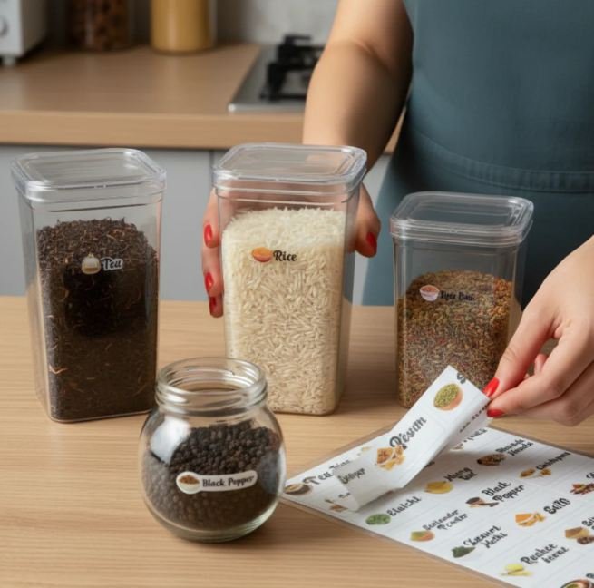 3D Waterproof Spice Jar Label Stickers – 44 Pcs UV DTF Raised Kitchen Organizer Labels | Durable, Strong Adhesive & Stylish Design