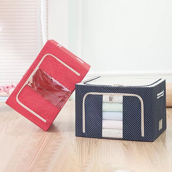Foldable Clothes Storage Box with Zip – Large Fabric Organizer with Transparent Window | Dustproof Wardrobe Bag for Sarees, Blankets, Quilts & Bedding (Random Colour-Pack of 1)
