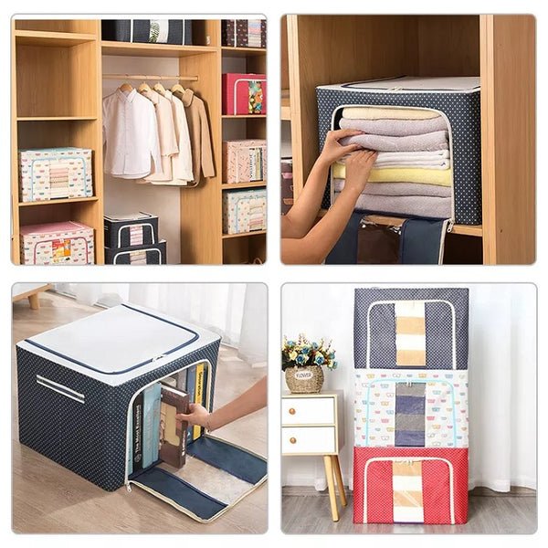 Foldable Clothes Storage Box with Zip – Large Fabric Organizer with Transparent Window | Dustproof Wardrobe Bag for Sarees, Blankets, Quilts & Bedding (Random Colour-Pack of 1)