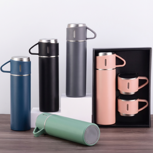 Stainless Steel Vacuum Flask Set with 3 Steel Cups Combo for Coffee Hot Drink and Cold Water Flask Ideal Gifting Travel Friendly Latest Flask Bottle tainless Steel Thermo 500ml Vacuum  ((Random Color-Pack of 1))