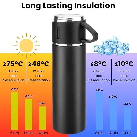 Stainless Steel Vacuum Flask Set with 3 Steel Cups Combo for Coffee Hot Drink and Cold Water Flask Ideal Gifting Travel Friendly Latest Flask Bottle tainless Steel Thermo 500ml Vacuum  ((Random Color-Pack of 1))