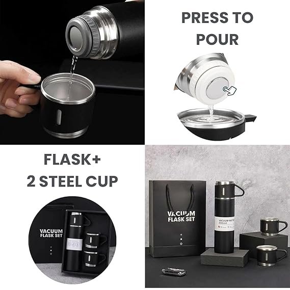 Stainless Steel Vacuum Flask Set with 3 Steel Cups Combo for Coffee Hot Drink and Cold Water Flask Ideal Gifting Travel Friendly Latest Flask Bottle tainless Steel Thermo 500ml Vacuum  ((Random Color-Pack of 1))