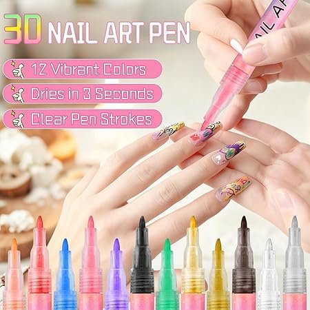 12pcs 3D Pens Set for Nail Art, 0.7MM Nail Art Drawing Pen Colorful Nail Gel Polish Pens Art Pens Nail Drawing Pen Manicure Tools for Nail Art DIY (12 Colors)