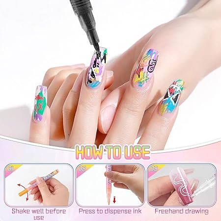 12pcs 3D Pens Set for Nail Art, 0.7MM Nail Art Drawing Pen Colorful Nail Gel Polish Pens Art Pens Nail Drawing Pen Manicure Tools for Nail Art DIY (12 Colors)